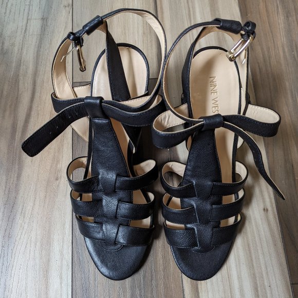 NINE WEST Women's Wedge Leather Sandals Gold Buckle Black Strap 4" Heel … - Picture 8 of 8